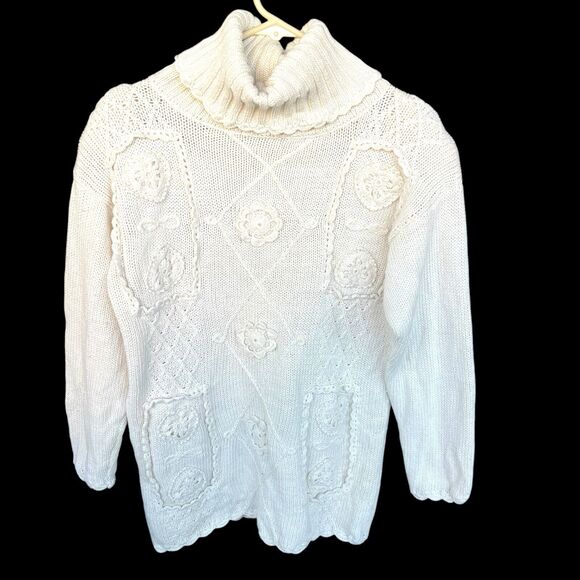 Vintage Cottagecore Turtleneck Sweater Womens Small Ramie Cotton Heart Floral - Picture 1 of 12
